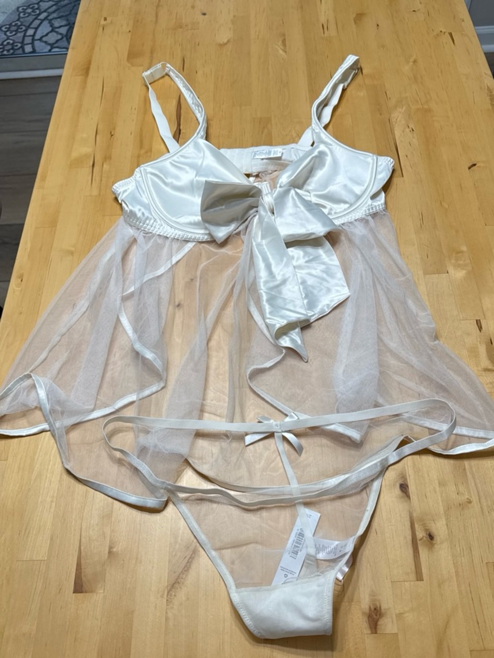 Adore Me Ivory Satin & Sheer Mesh Bow-Front Babydoll Chemise
